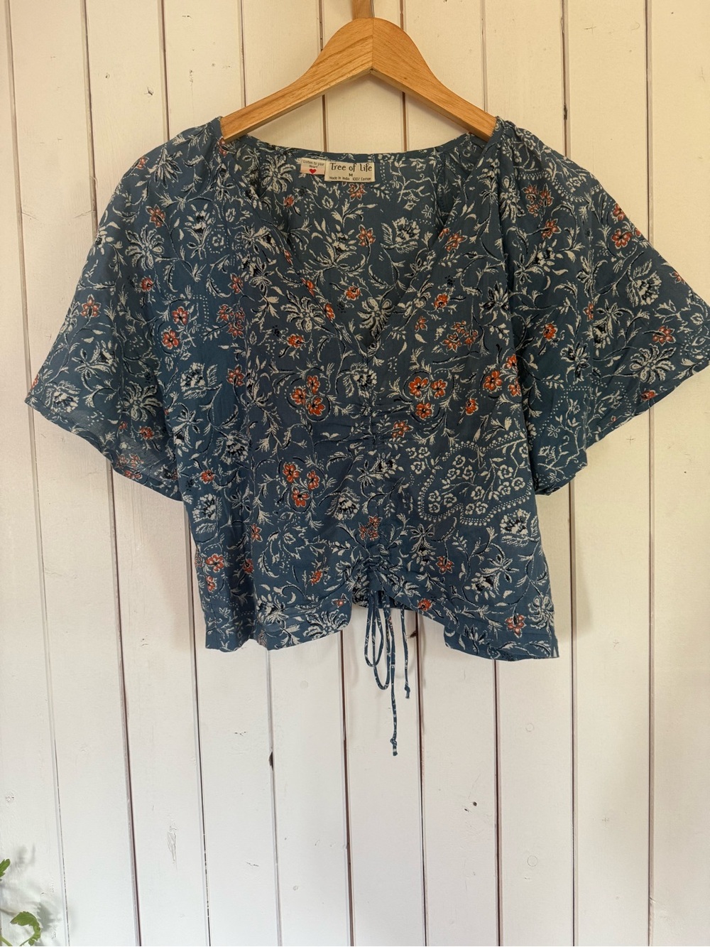 Tree of Life Teal Floral Tie-Front Blouse